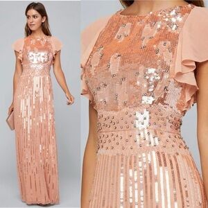 Bebe Burnout Sequin Beaded Rhinestone Flutter Sleeve Formal Gown Pastel Pink‎